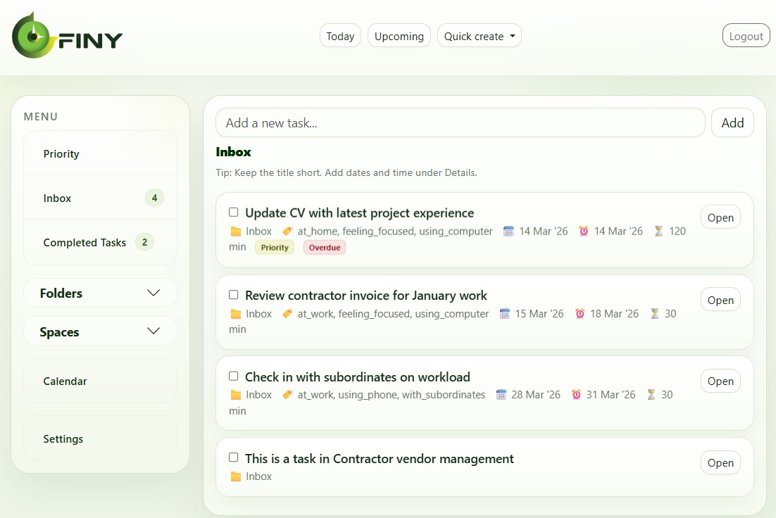 Finy workspace inbox screenshot